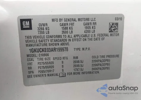 2010 GMC Yukon Xl 1500 Slt from USA, damaged, VIN 1GKUCKE03AR199978